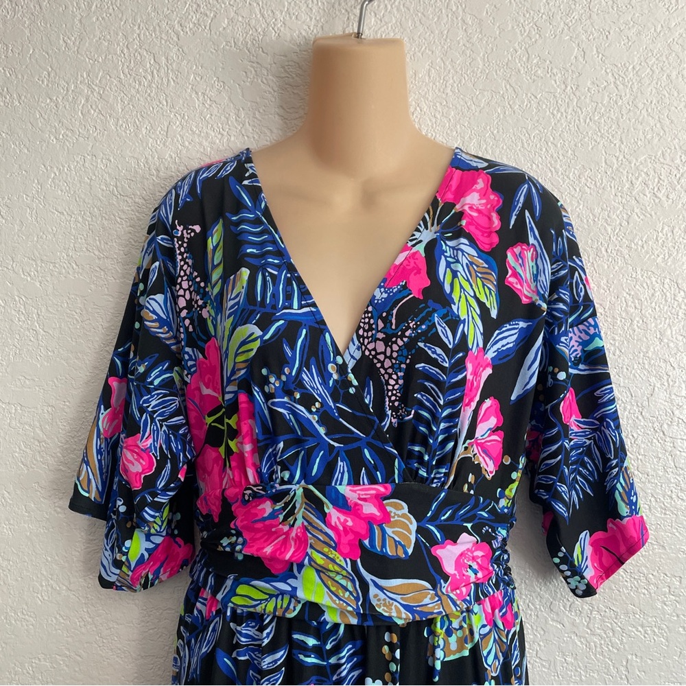 Lilly Pulitzer Parigi Meridian Vibrant Black Floral Midi Dress SMALL Kimono Slit - Picture 4 of 9